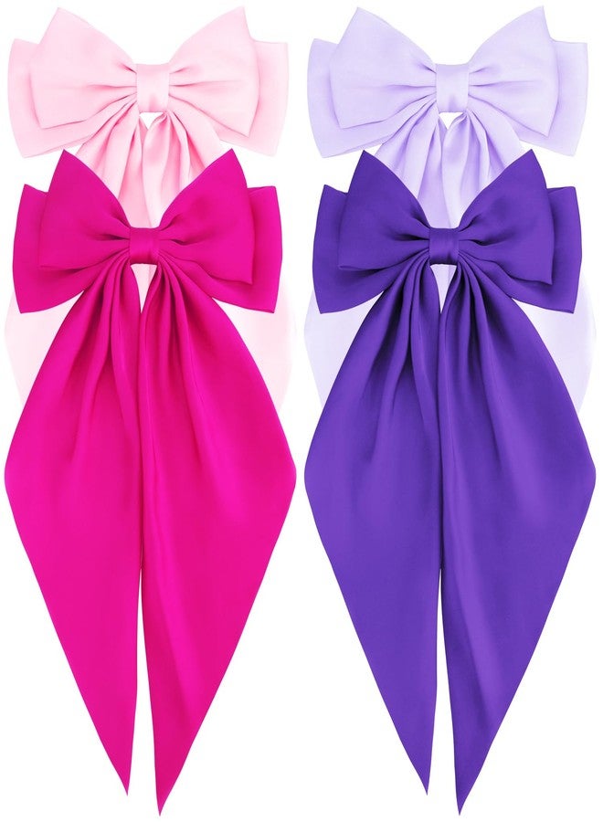 Atoden Hair Bows Silky Satin Bows for Hair Ribbons 4Pcs Coquette Oversized Long Tail Hair Bow Clips Barrettes Big Bowknot Hair Accessories for Women Girl Trendy Stuff Gifts (Pink Purple) - Image 1